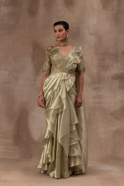 Metal green tissue drape sari with frills combined with blouse and waist belt