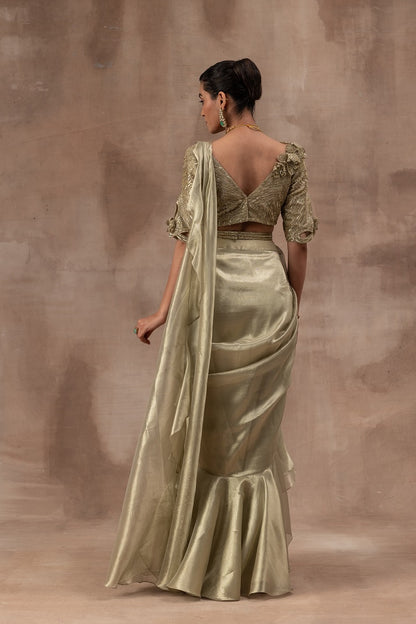 Metal green tissue drape sari with frills combined with blouse and waist belt