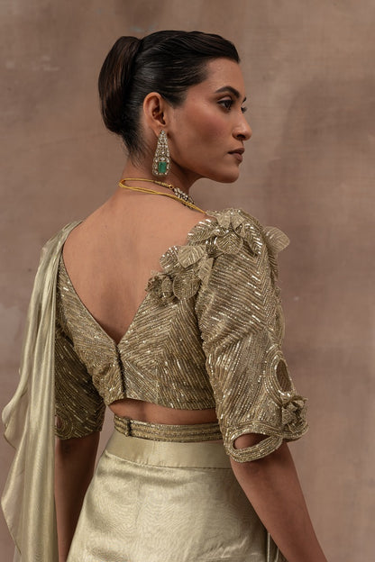 Metal green tissue drape sari with frills combined with blouse and waist belt