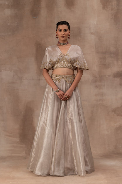 Rose gold tissue butterfly sleeve blouse with tissue skirt
