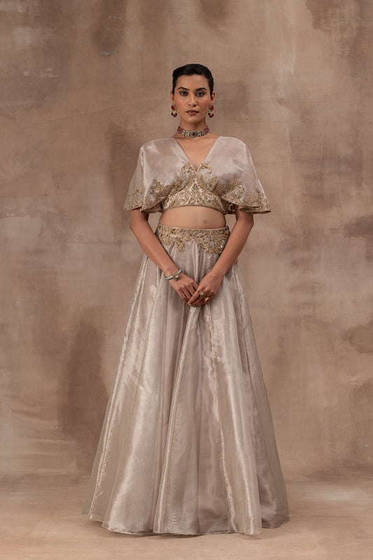 Rose gold tissue butterfly sleeve blouse with tissue skirt