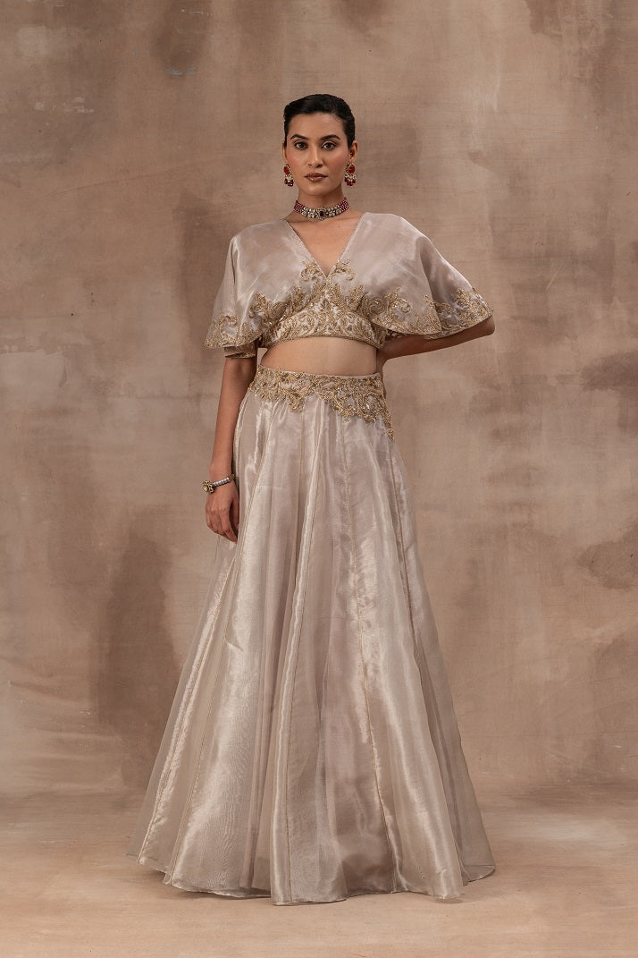 Rose gold tissue butterfly sleeve blouse with tissue skirt