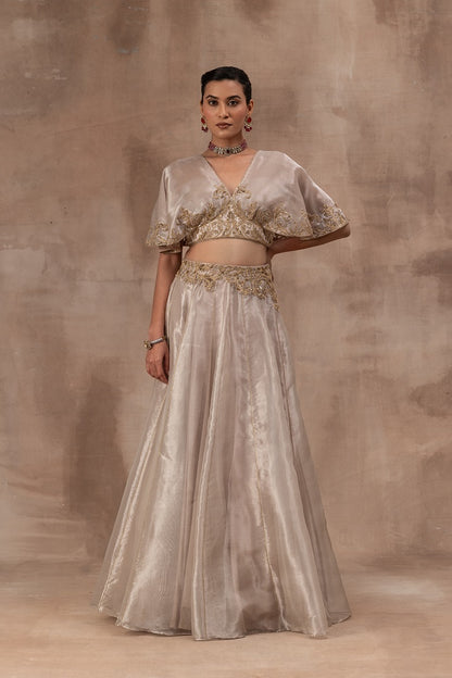 Rose gold tissue butterfly sleeve blouse with tissue skirt
