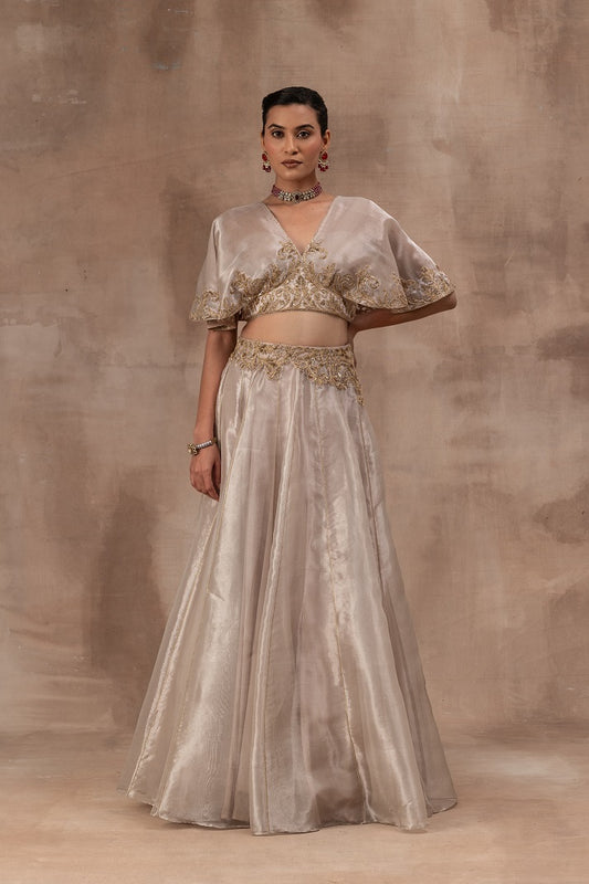 Rose gold tissue butterfly sleeve blouse with tissue skirt