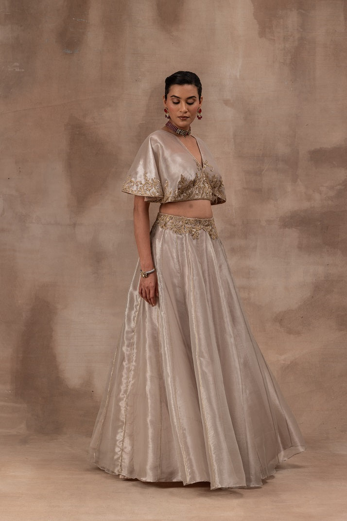 Rose gold tissue butterfly sleeve blouse with tissue skirt