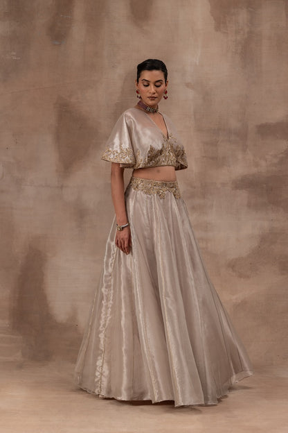 Rose gold tissue butterfly sleeve blouse with tissue skirt