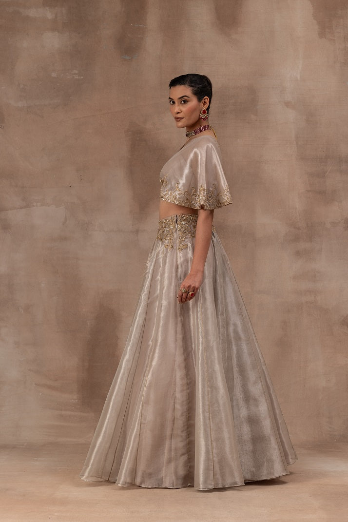 Rose gold tissue butterfly sleeve blouse with tissue skirt