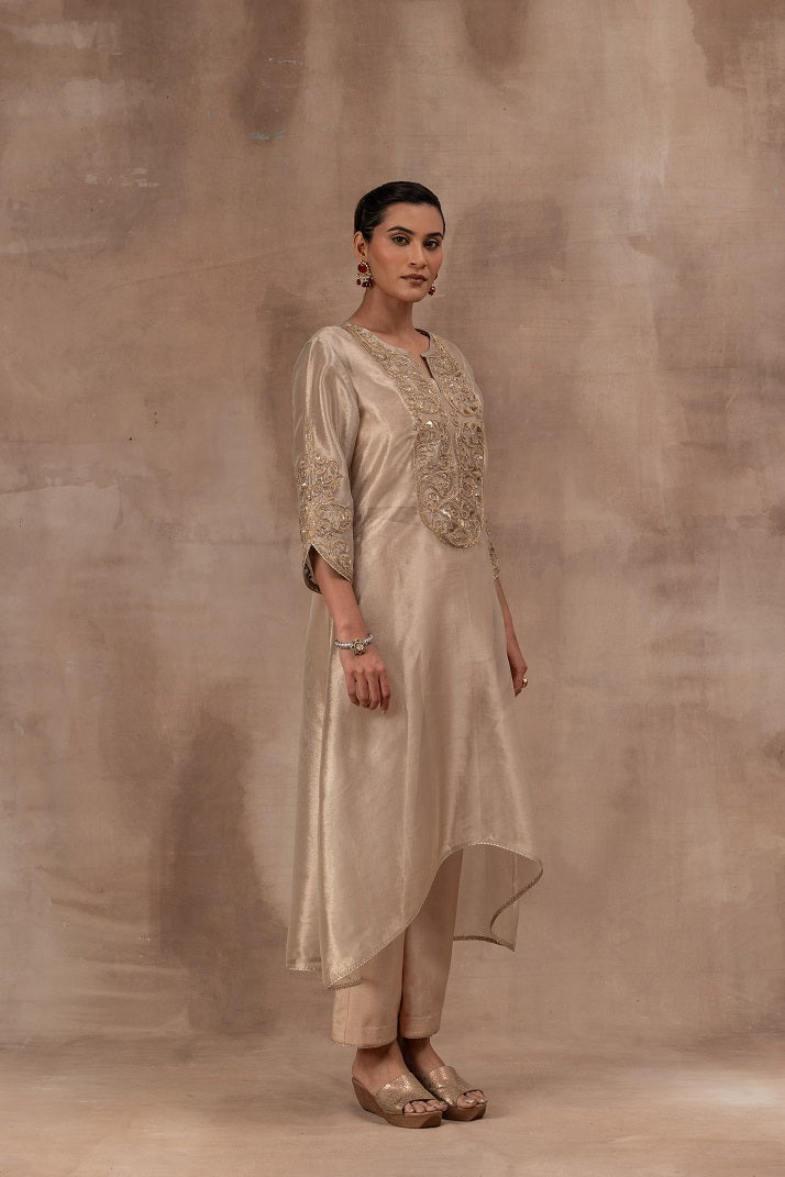 Beige gold tissue tunic set with inner blouse and pant