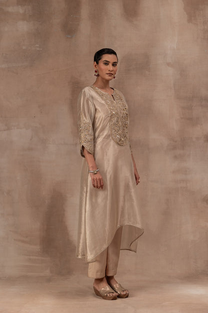 Beige gold tissue tunic set with inner blouse and pant