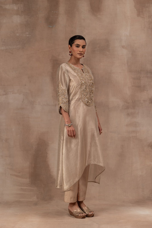 Beige gold tissue tunic set with inner blouse and pant