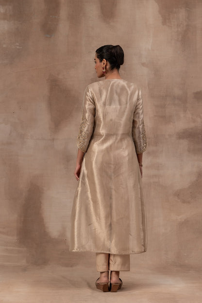 Beige gold tissue tunic set with inner blouse and pant