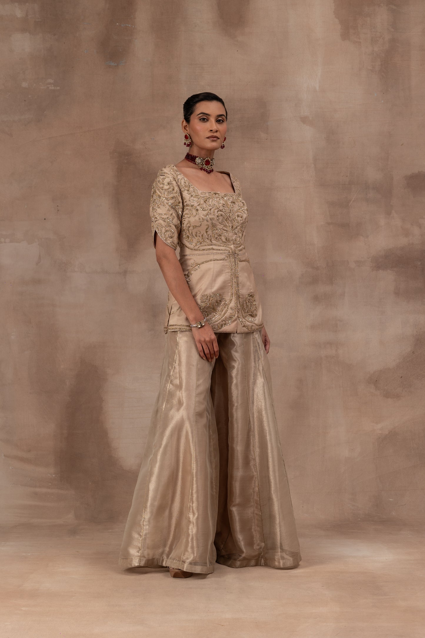 Beige gold tissue jacket set with flare tissue sharara pants