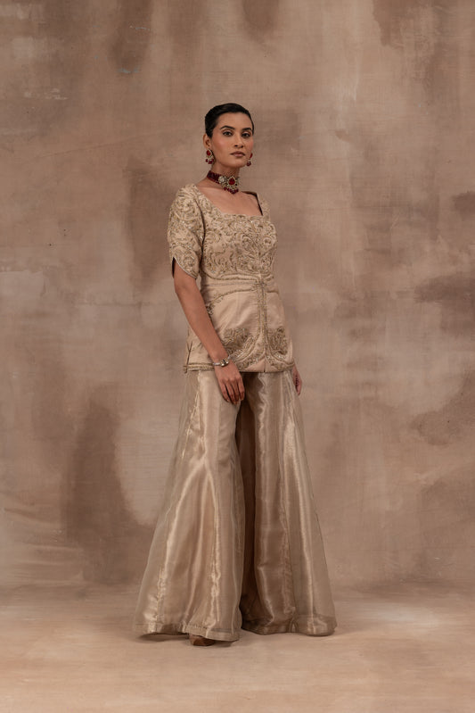 Beige gold tissue jacket set with flare tissue sharara pants