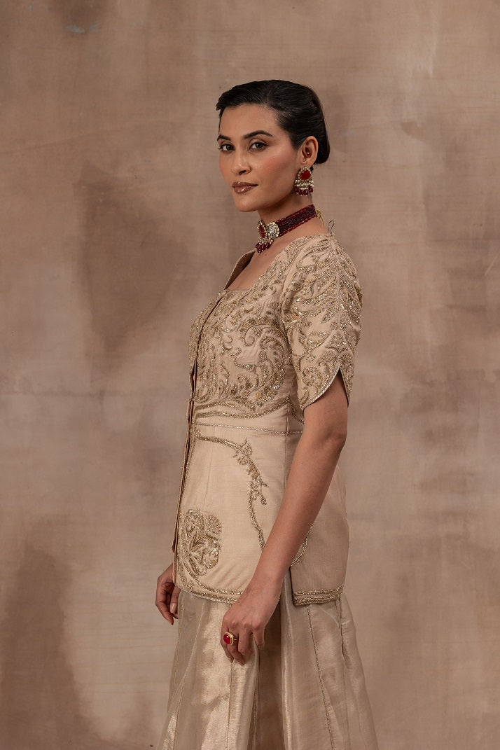 Beige gold tissue jacket set with flare tissue sharara pants