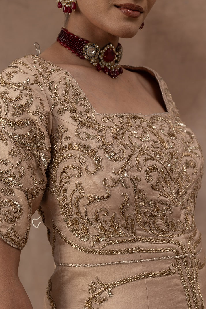 Beige gold tissue jacket set with flare tissue sharara pants