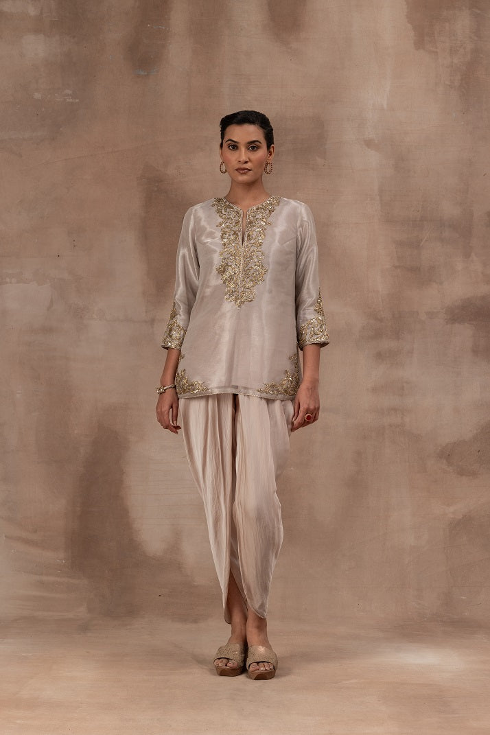 Rose gold tissue short tunic with satin georgette dhoti pants