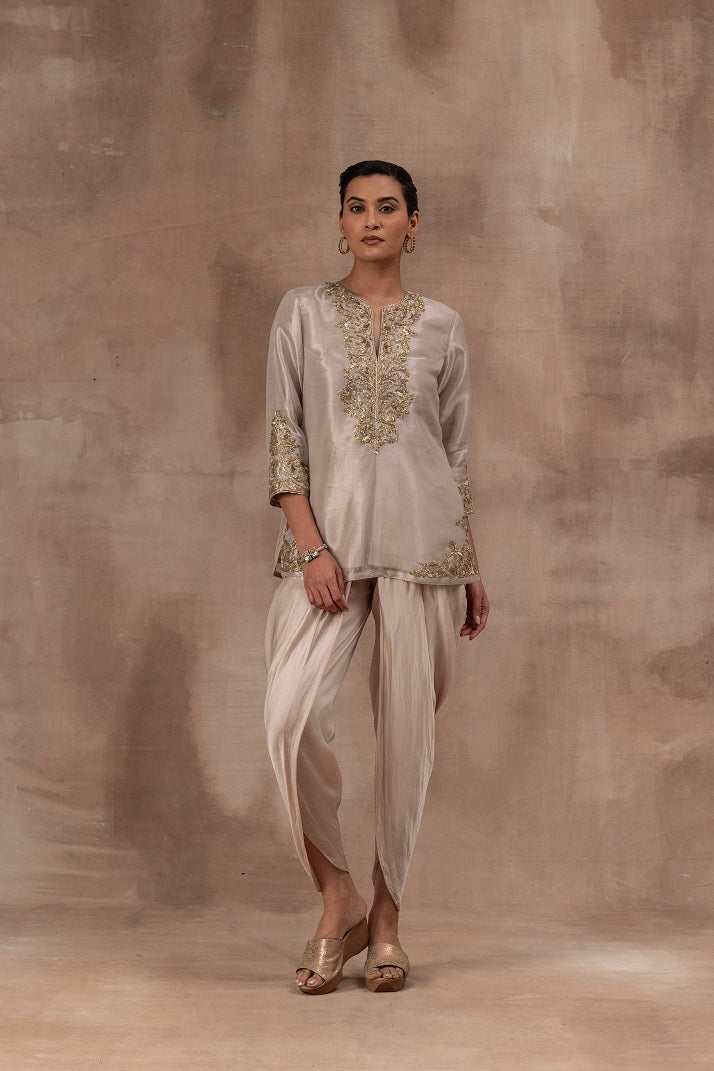 Rose gold tissue short tunic with satin georgette dhoti pants