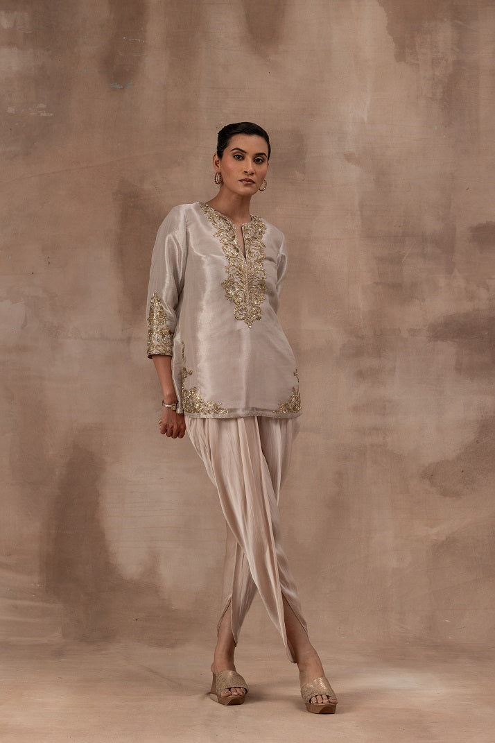 Rose gold tissue short tunic with satin georgette dhoti pants