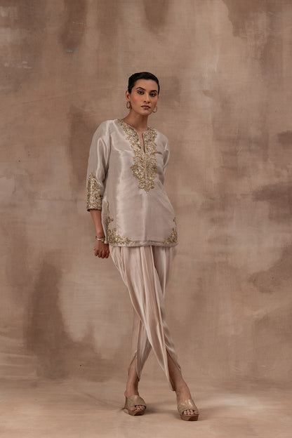Rose gold tissue short tunic with satin georgette dhoti pants
