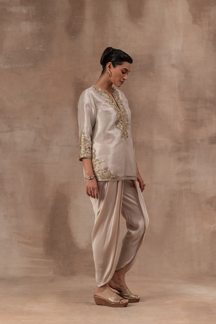 Rose gold tissue short tunic with satin georgette dhoti pants