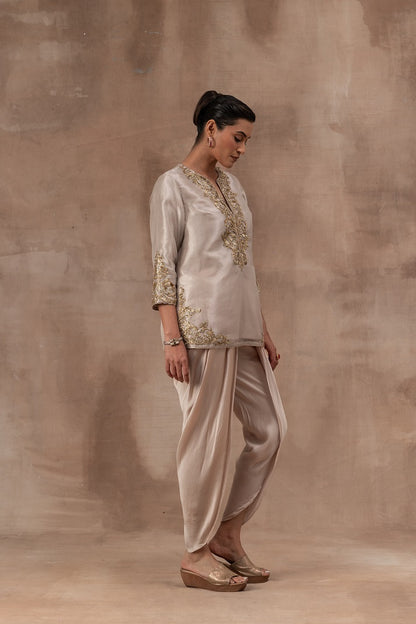 Rose gold tissue short tunic with satin georgette dhoti pants