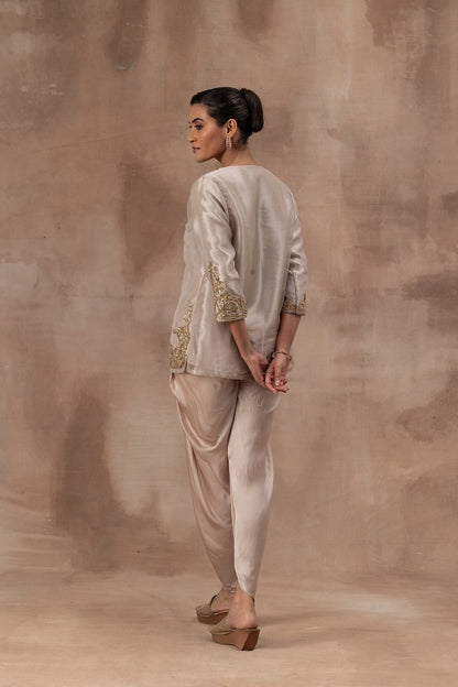 Rose gold tissue short tunic with satin georgette dhoti pants