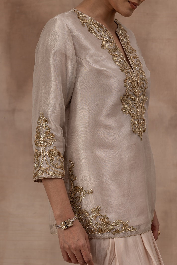 Rose gold tissue short tunic with satin georgette dhoti pants