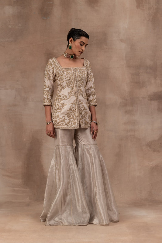 Rose gold opada silk jacket set with tissue gharara pants