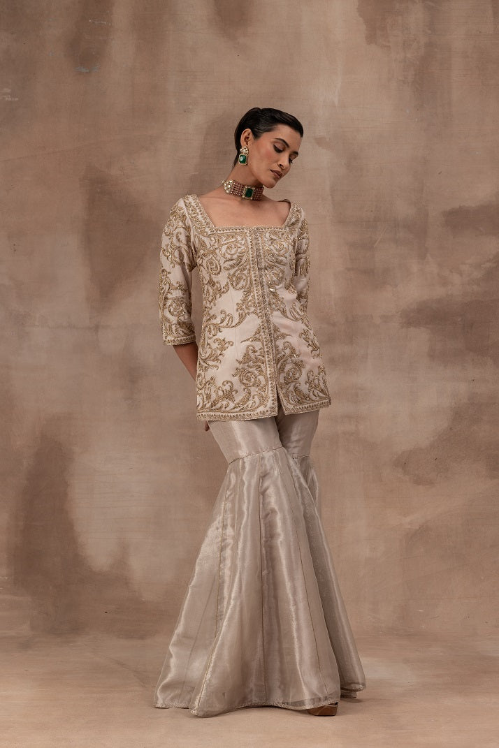 Rose gold opada silk jacket set with tissue gharara pants