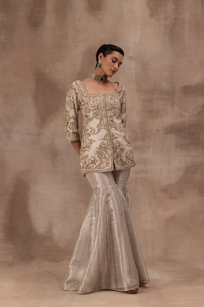 Rose gold opada silk jacket set with tissue gharara pants