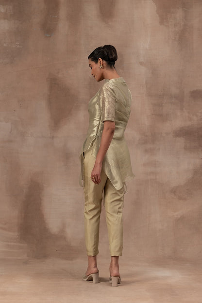 Drape top in metal green tissue with half sleeve