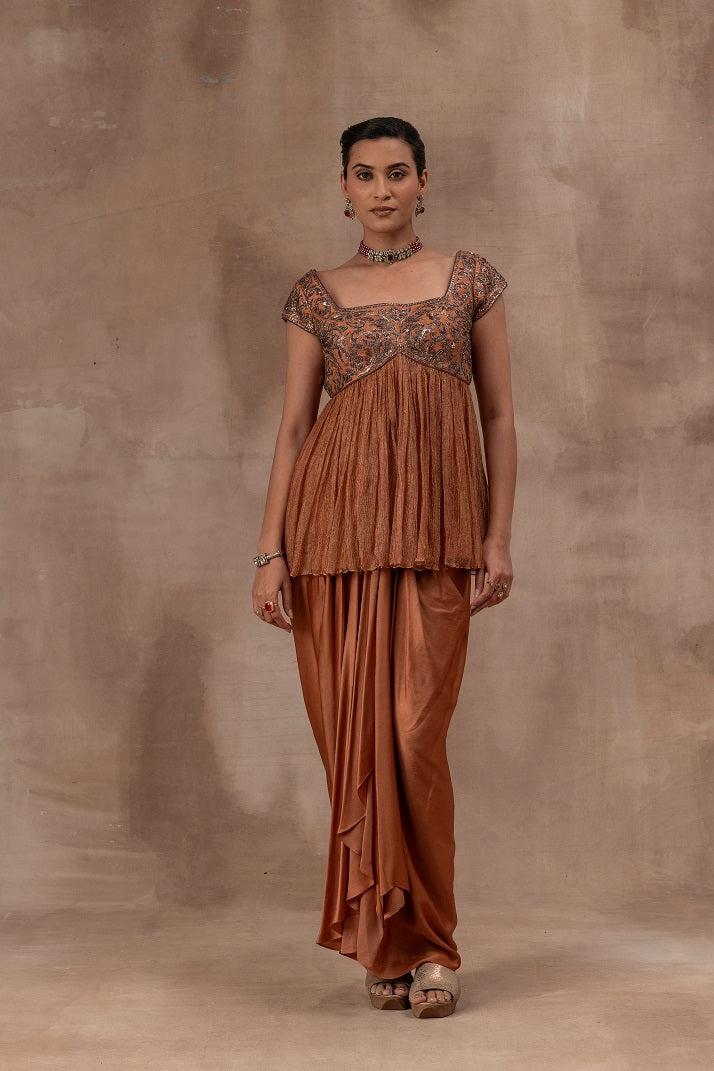 Peplum top with opada silk yoke in copper colour with tissue flare