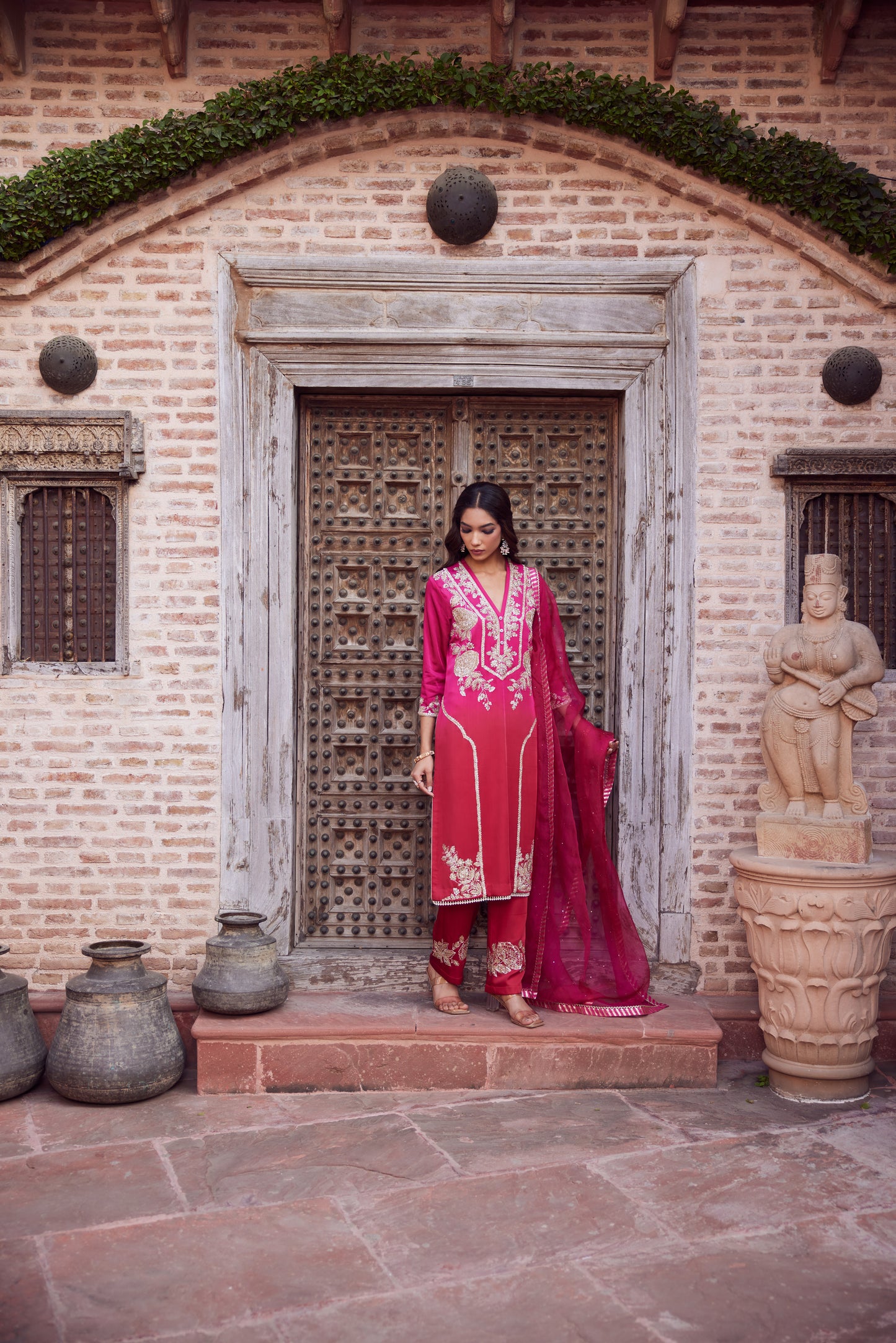 Pink red ombre shaded satin georgette kurta set with organza dupatta and satin georgette pants.