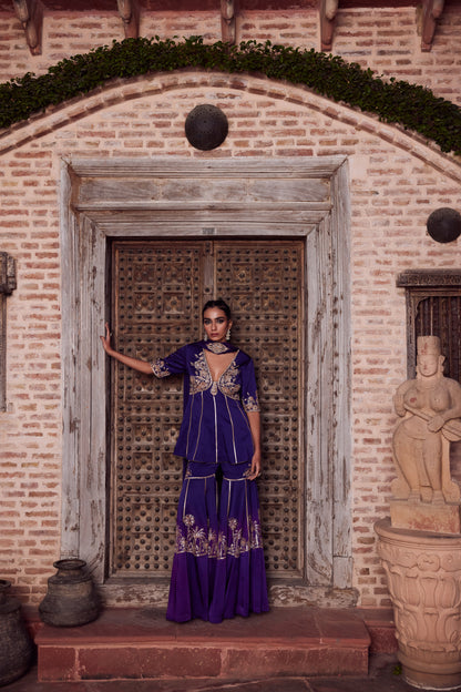 Purple ombre shaded satin georgette peplum kurti set with organza dupatta and satin georgette gharara.