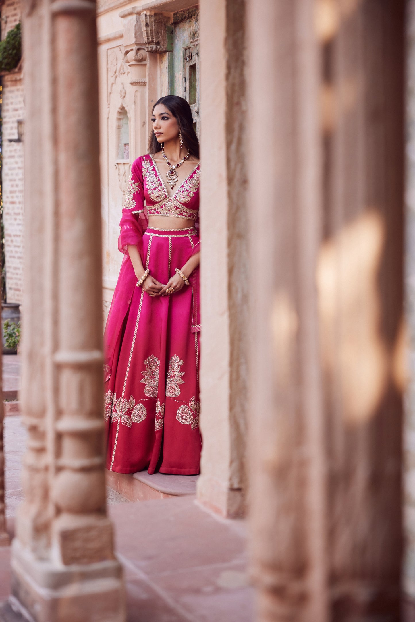 pink red ombre satin georette lehnga with organza dupatta and satin georgette embroidered blouse