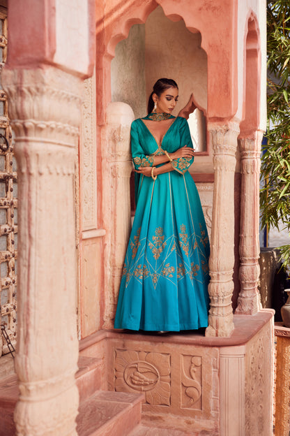 Teel turquise ombre satin georette anarkali with organza georgette crushed dupatta.