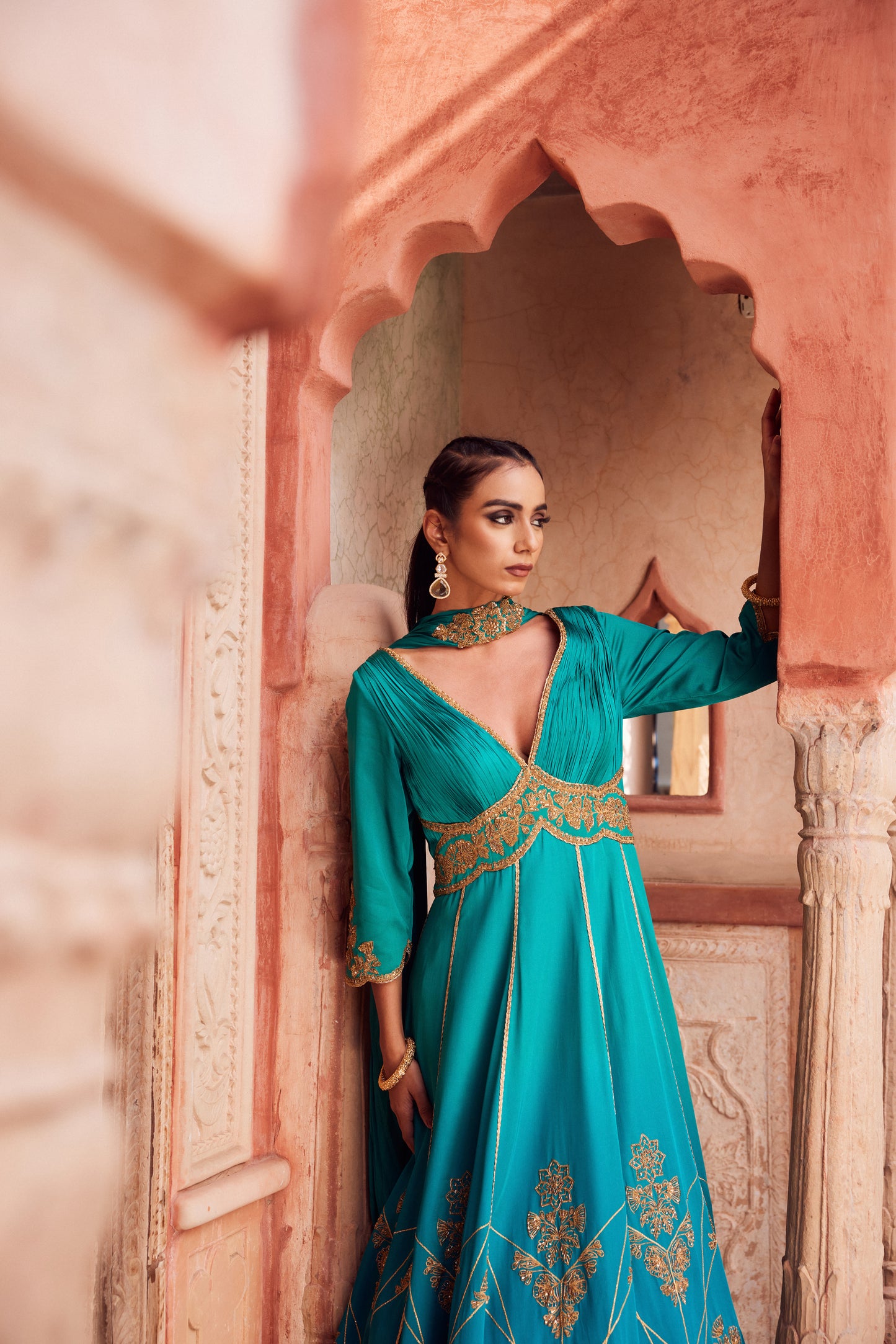 Teel turquise ombre satin georette anarkali with organza georgette crushed dupatta.