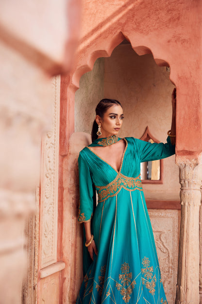 Teel turquise ombre satin georette anarkali with organza georgette crushed dupatta.