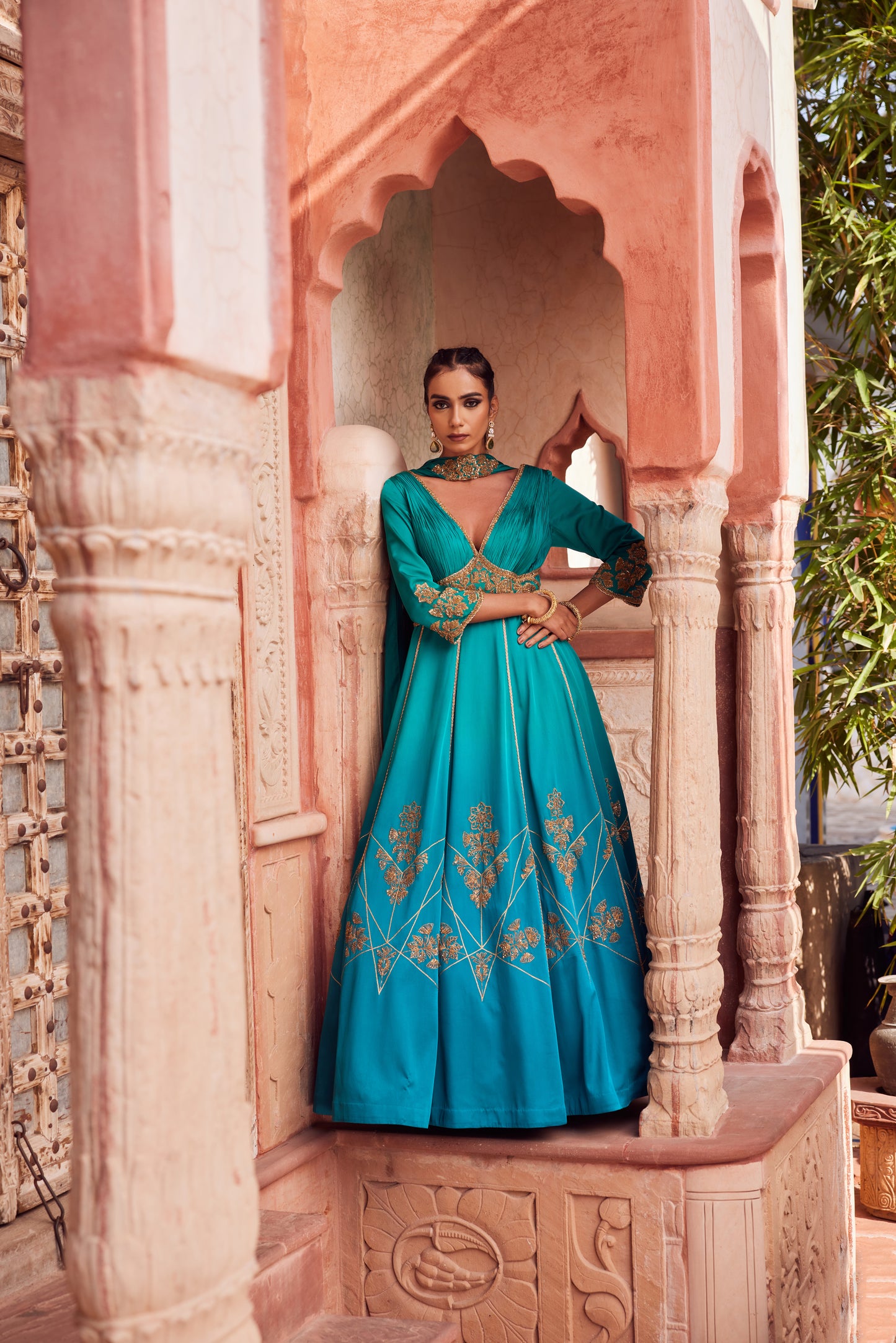 Teel turquise ombre satin georette anarkali with organza georgette crushed dupatta.