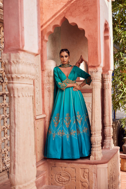Teel turquise ombre satin georette anarkali with organza georgette crushed dupatta.