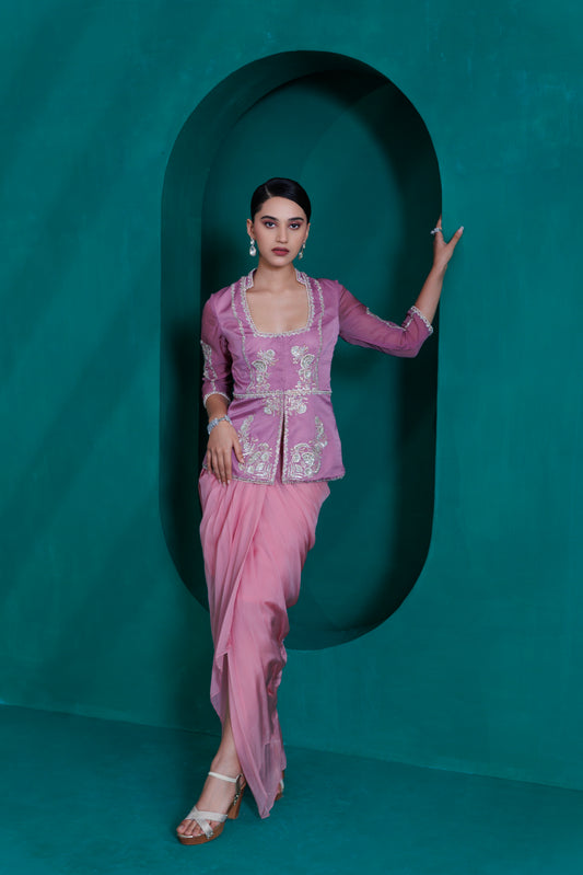 Lavender jacket blouse with rose pink drape skirt