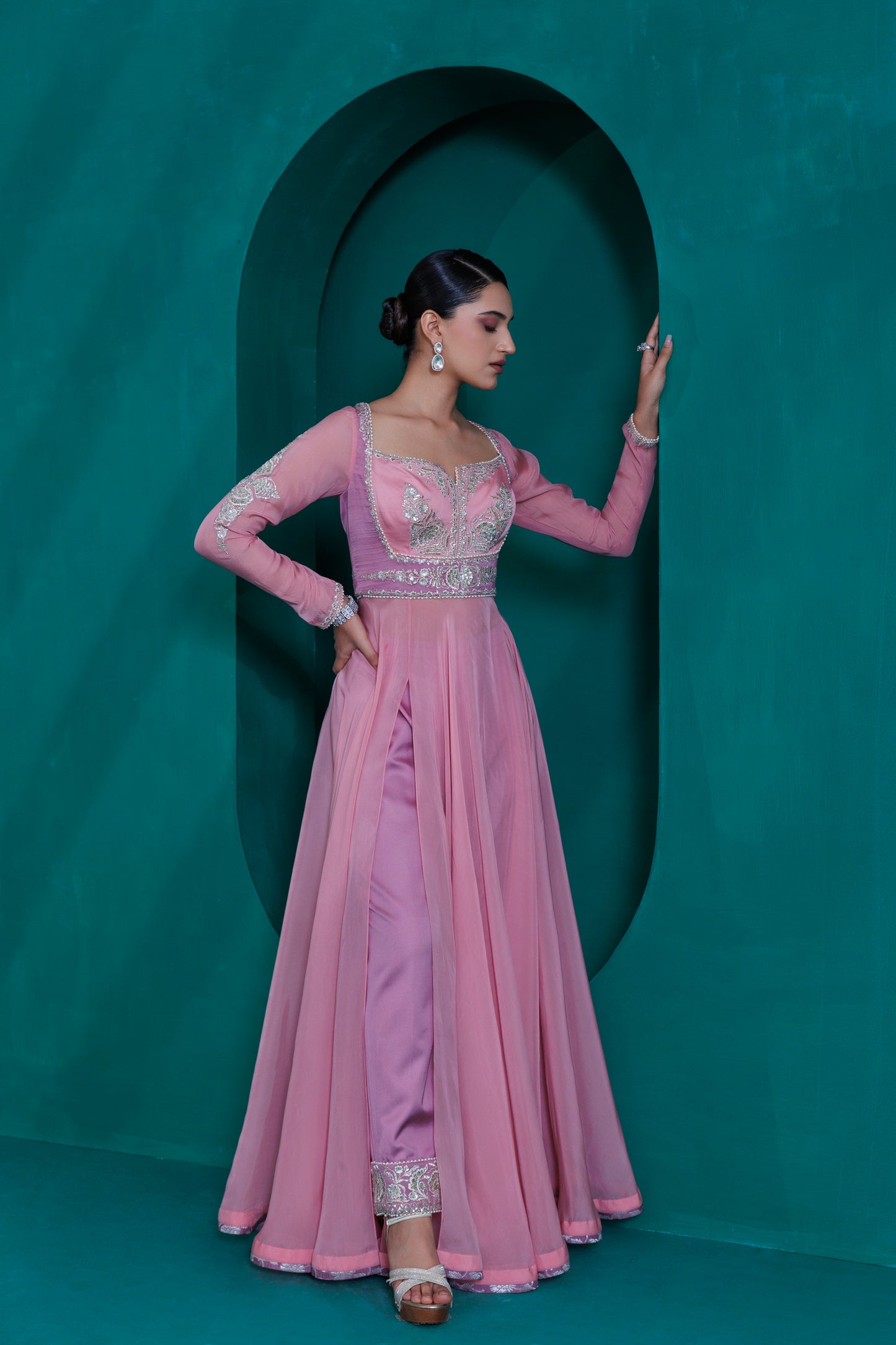 Rose pink georgette organza anarkali with lavender modal satin pants