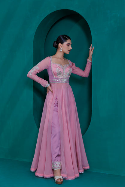 Rose pink georgette organza anarkali with lavender modal satin pants