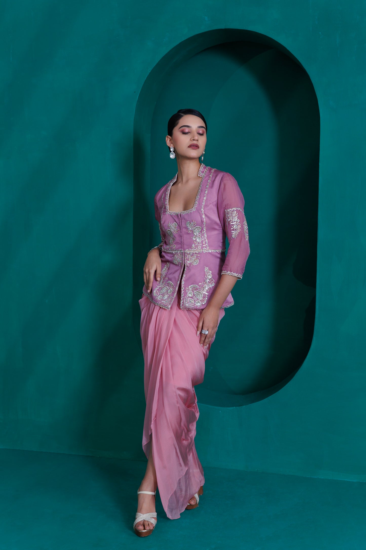 Lavender jacket blouse with rose pink drape skirt