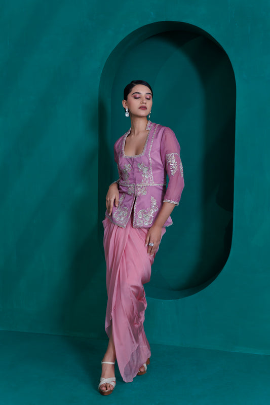 Lavender jacket blouse with rose pink drape skirt