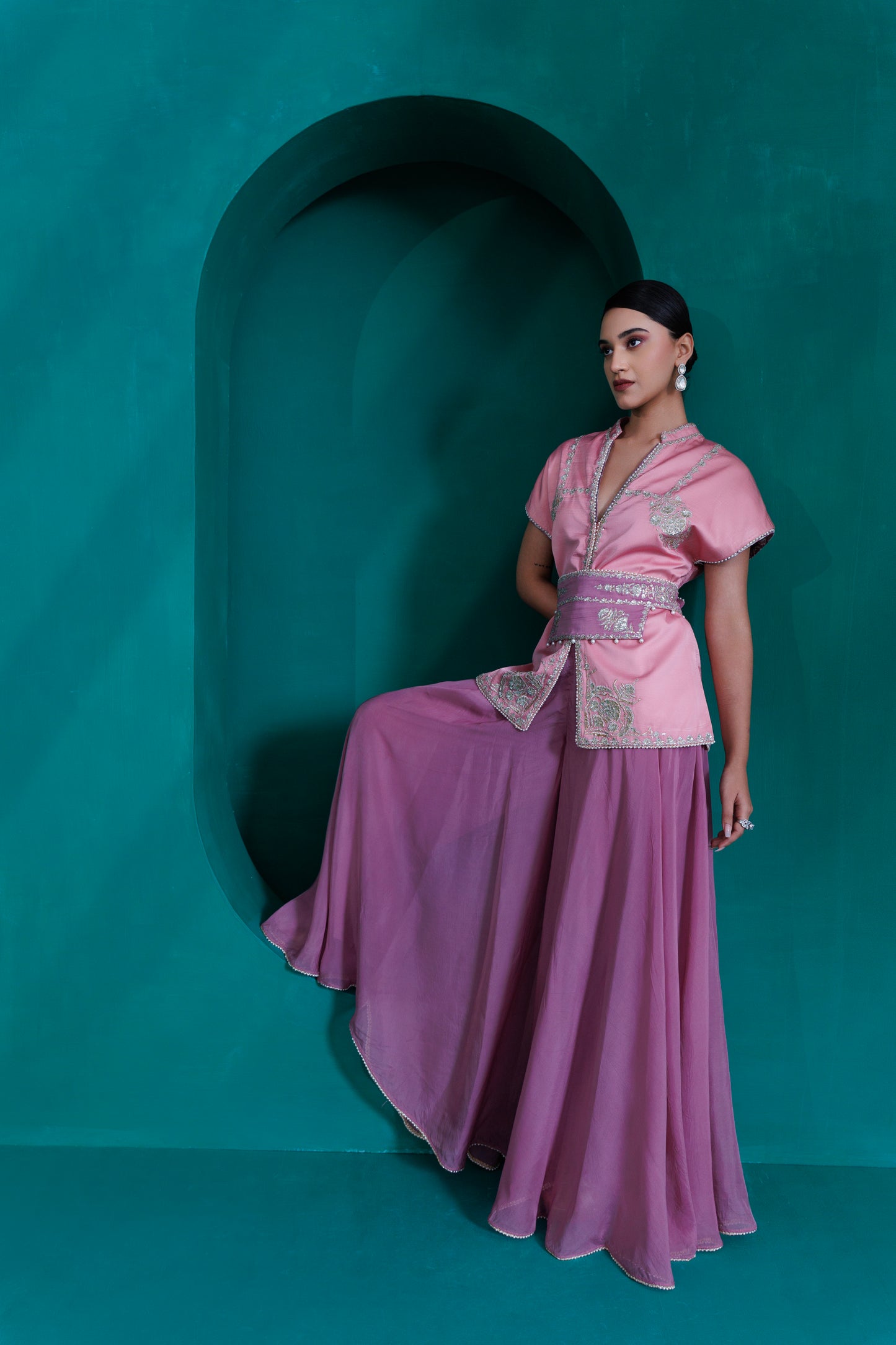 Rose pink modal satin top with wiast belt and lavender organza georgette flare palazo