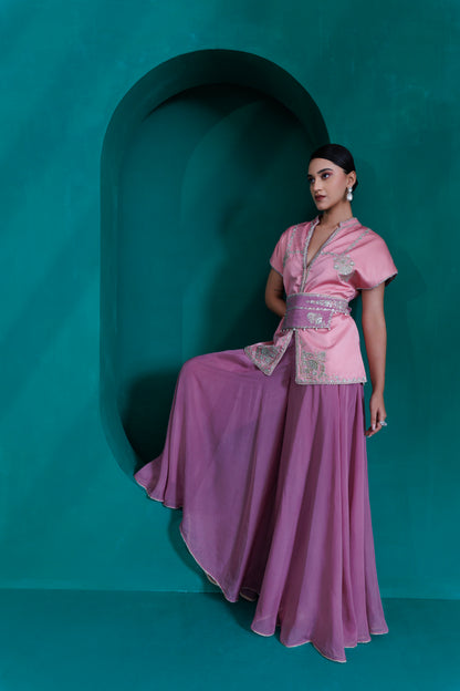 Rose pink modal satin top with wiast belt and lavender organza georgette flare palazo