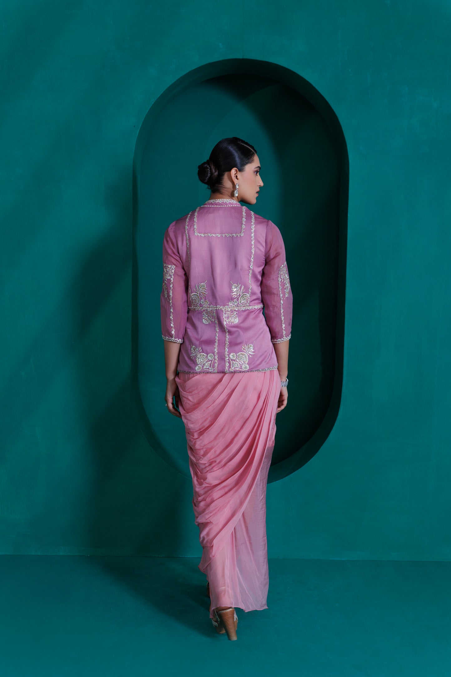 Lavender jacket blouse with rose pink drape skirt