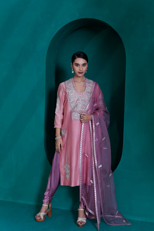 Rose pink chanderi tunic and modal satin lavender tulip pants