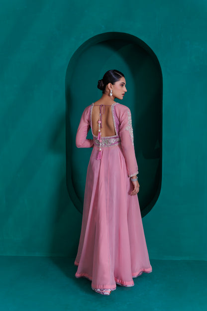Rose pink georgette organza anarkali with lavender modal satin pants